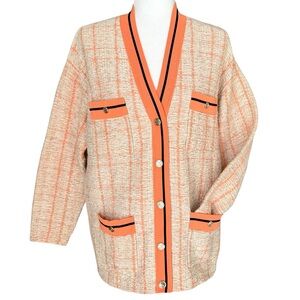Sandro Tweed Cardigan Oversized Jacket Sweater Ecru Orange